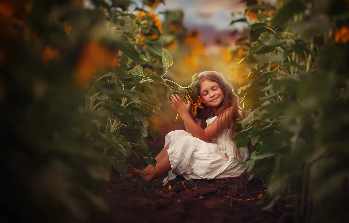 Photo wallpaper field, sunflowers, nature, children, girl, Lyubov Pyatovskaya