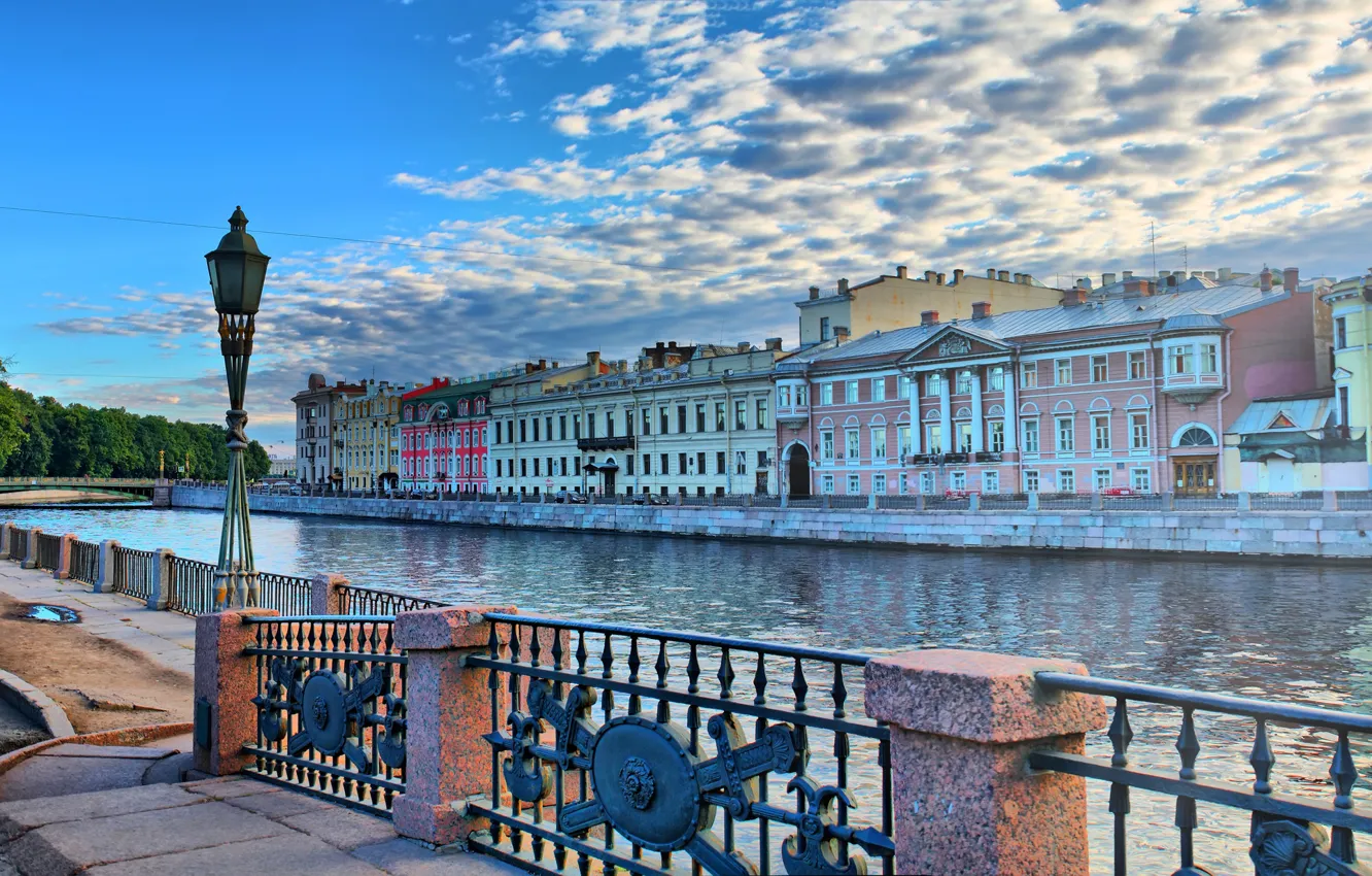 Photo wallpaper bridge, river, dawn, lights, granite, Fontanka, St. Petersburg, Fontanka embankment