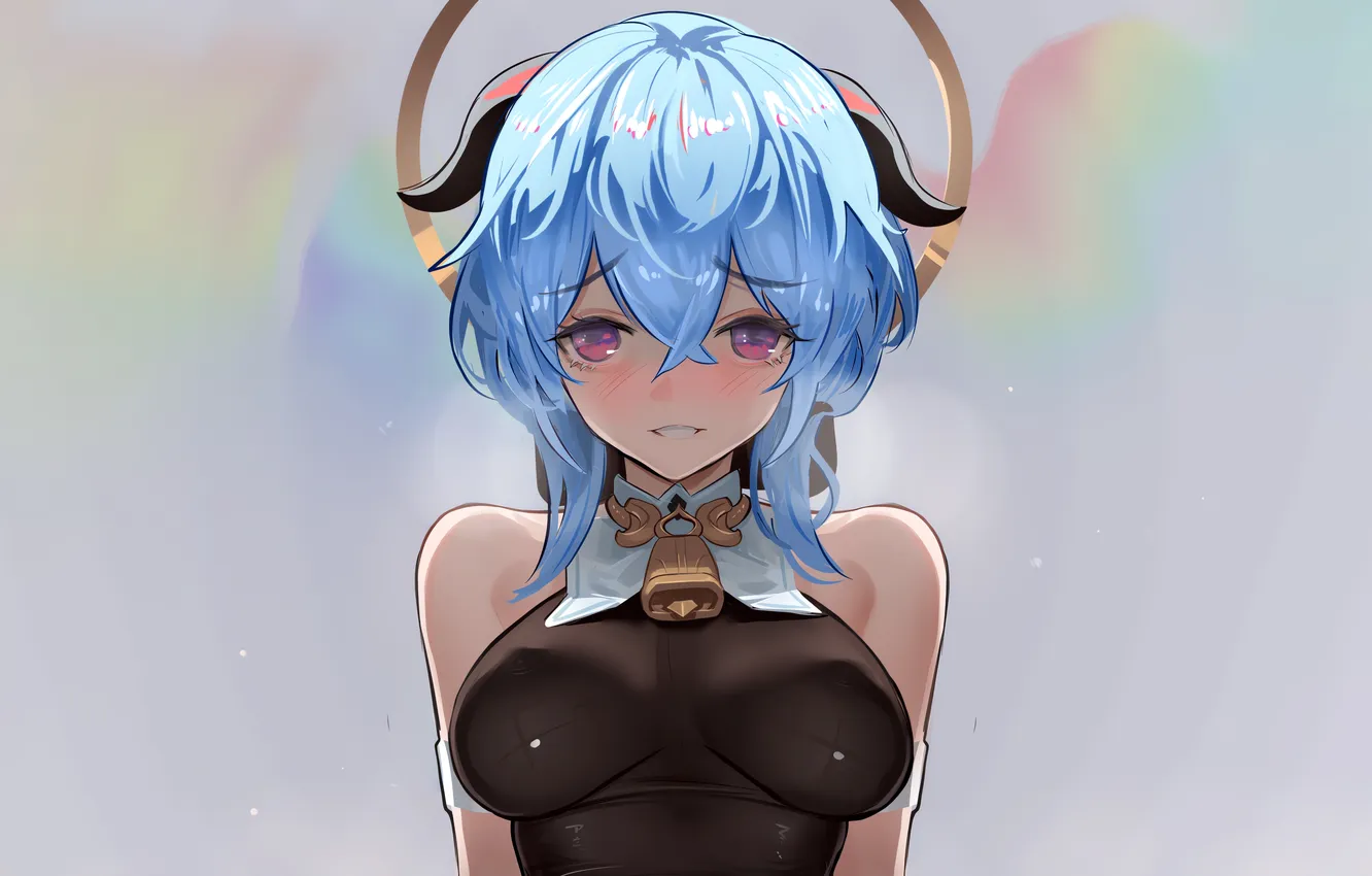 Photo wallpaper girl, sexy, horns, bodysuit, boobs, anime, beautiful, short hair