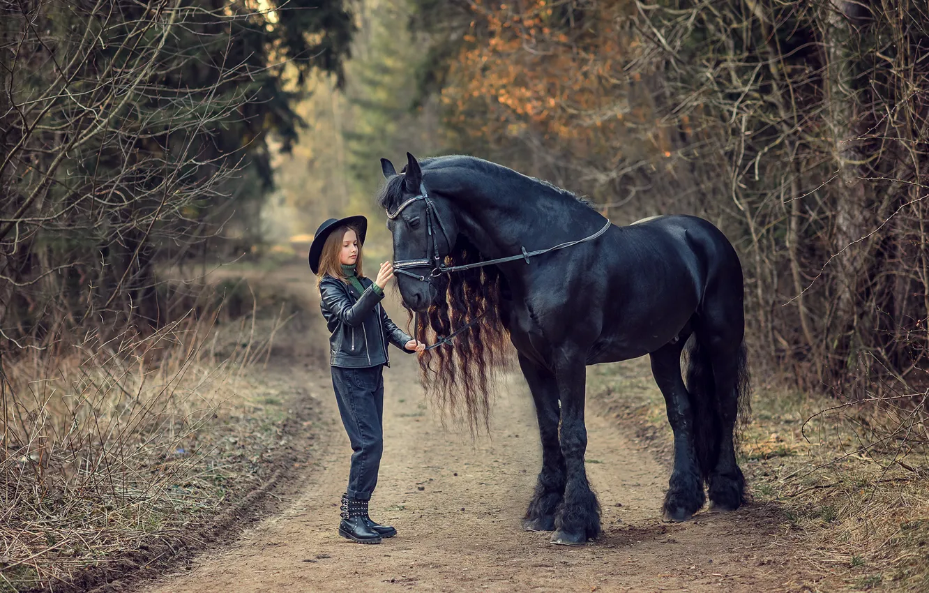 Photo wallpaper road, nature, children, animal, horse, girl, walk, Victoria Dubrovskaya