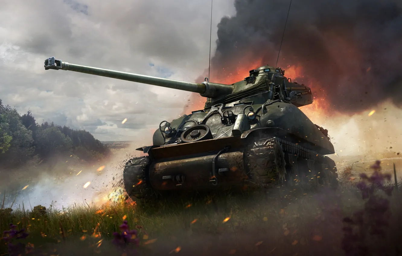 Photo wallpaper nature, river, meadow, tank, War Thunder