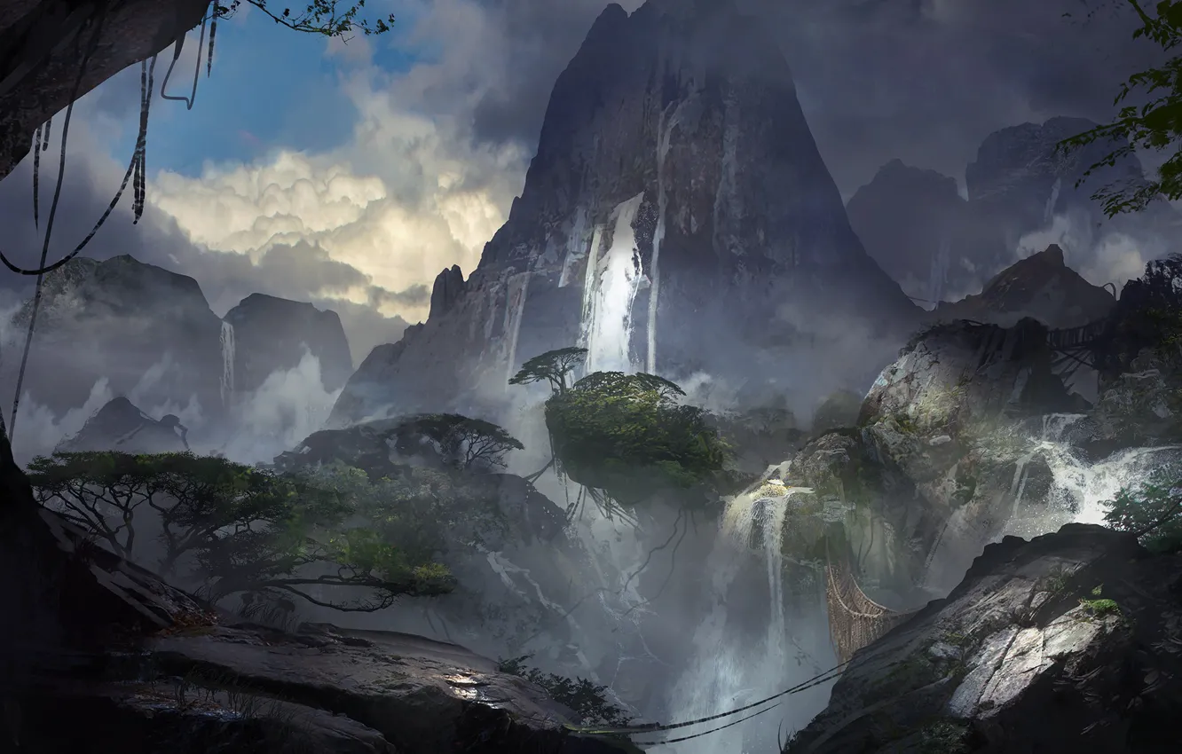 Photo wallpaper trees, mountains, waterfall, waterfall, viaduct