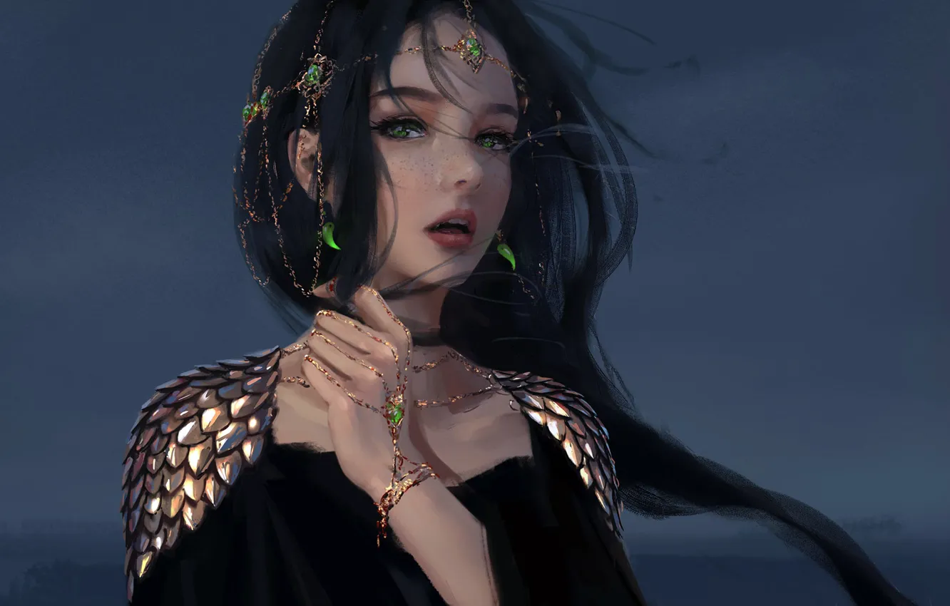 Photo wallpaper girl, fantasy, green eyes, face, brunette, elf, digital art, artwork