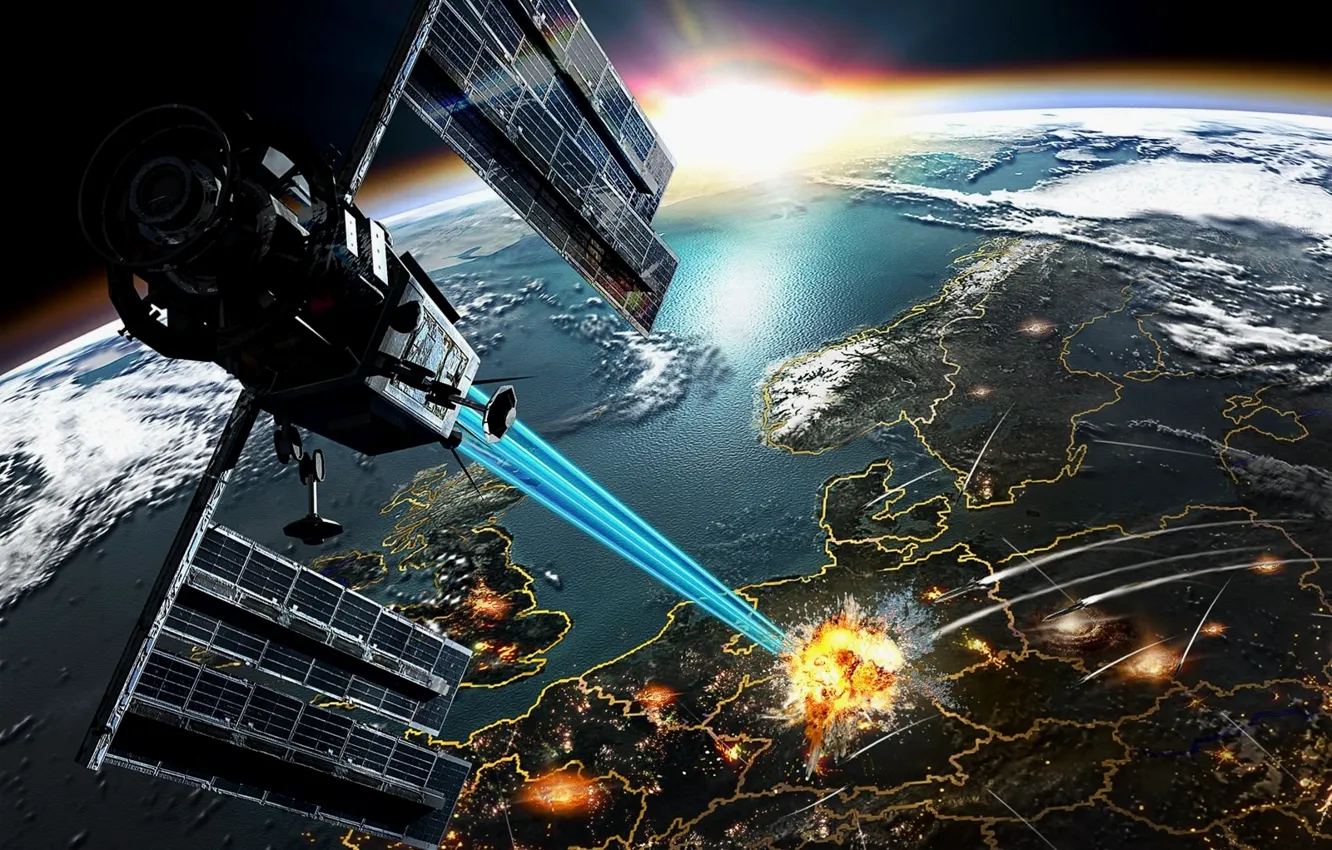 Photo wallpaper earth, war, satellite, explosions, ray, missiles, ruins, destruction