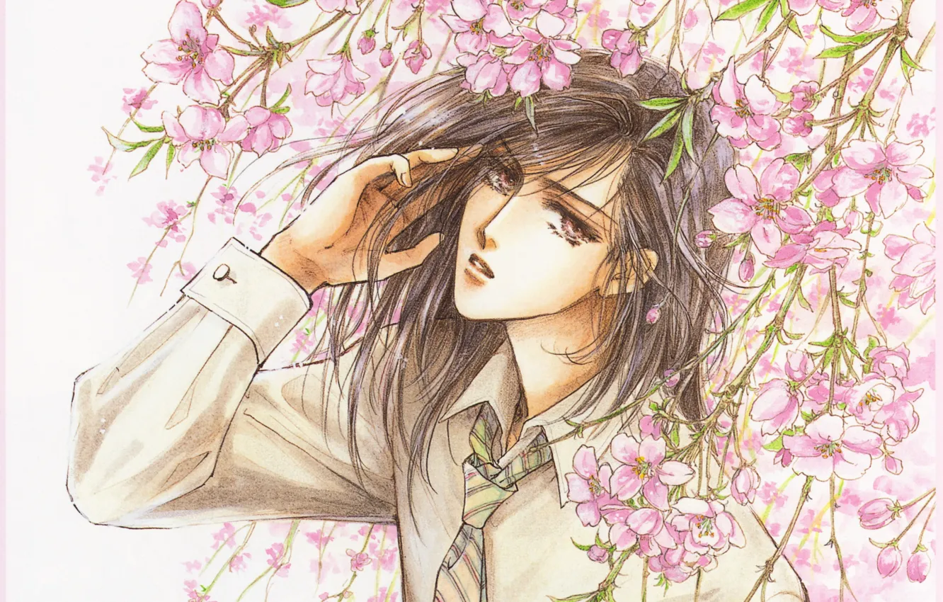 Photo wallpaper Sakura, tie, shirt, guy, manga, flowering, long hair, art