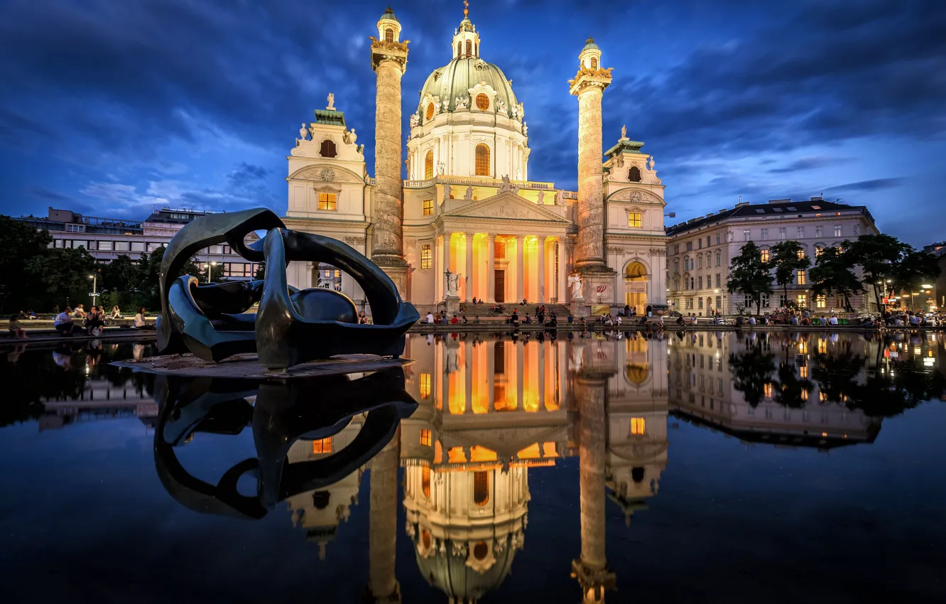 Photo wallpaper water, the city, reflection, building, the evening, Austria, lighting, temple