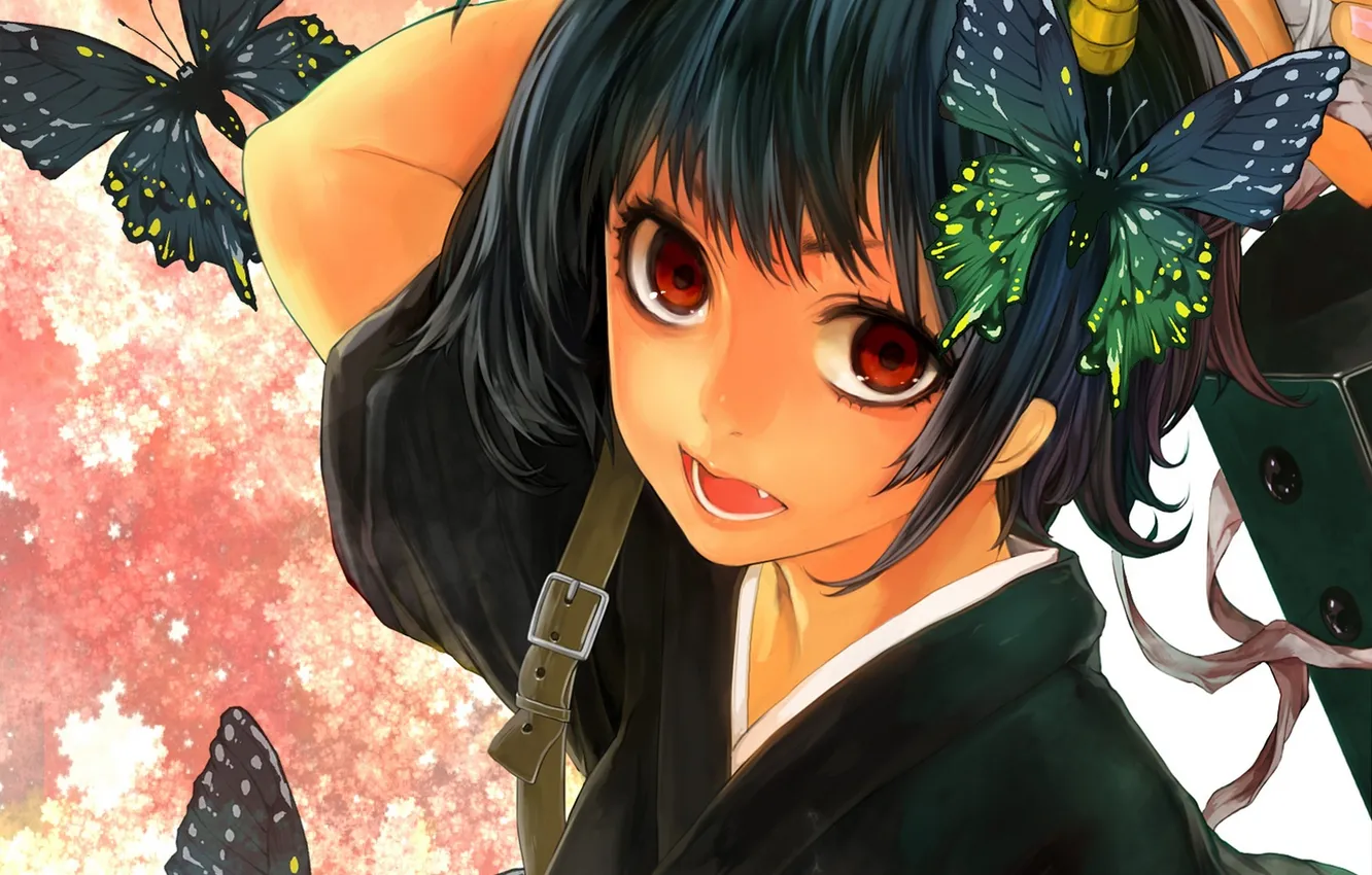 Photo wallpaper girl, weapons, butterfly, sword, anime, art, gintama, gedomaru