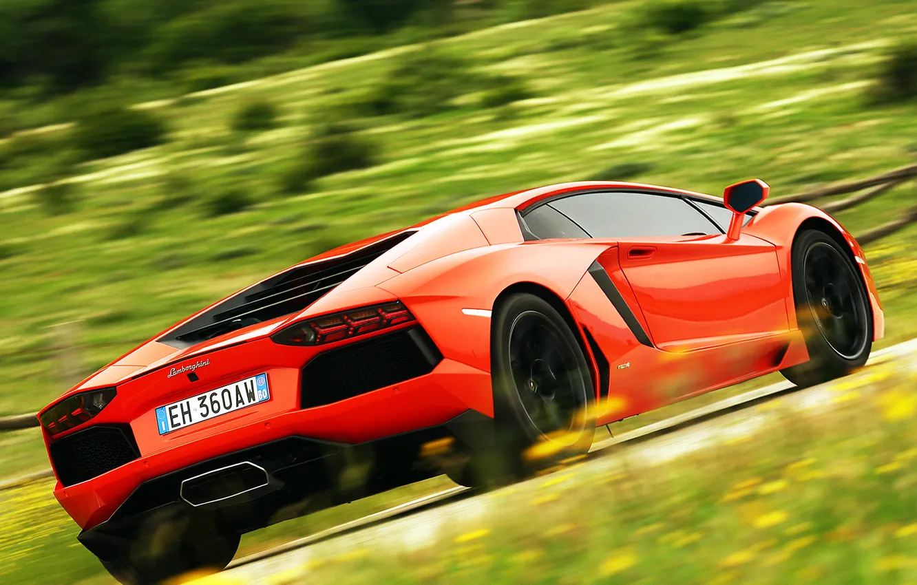 Photo wallpaper orange, movement, rear view, Lamborghini, aventador, Lamborghini LP700-4 Aventador