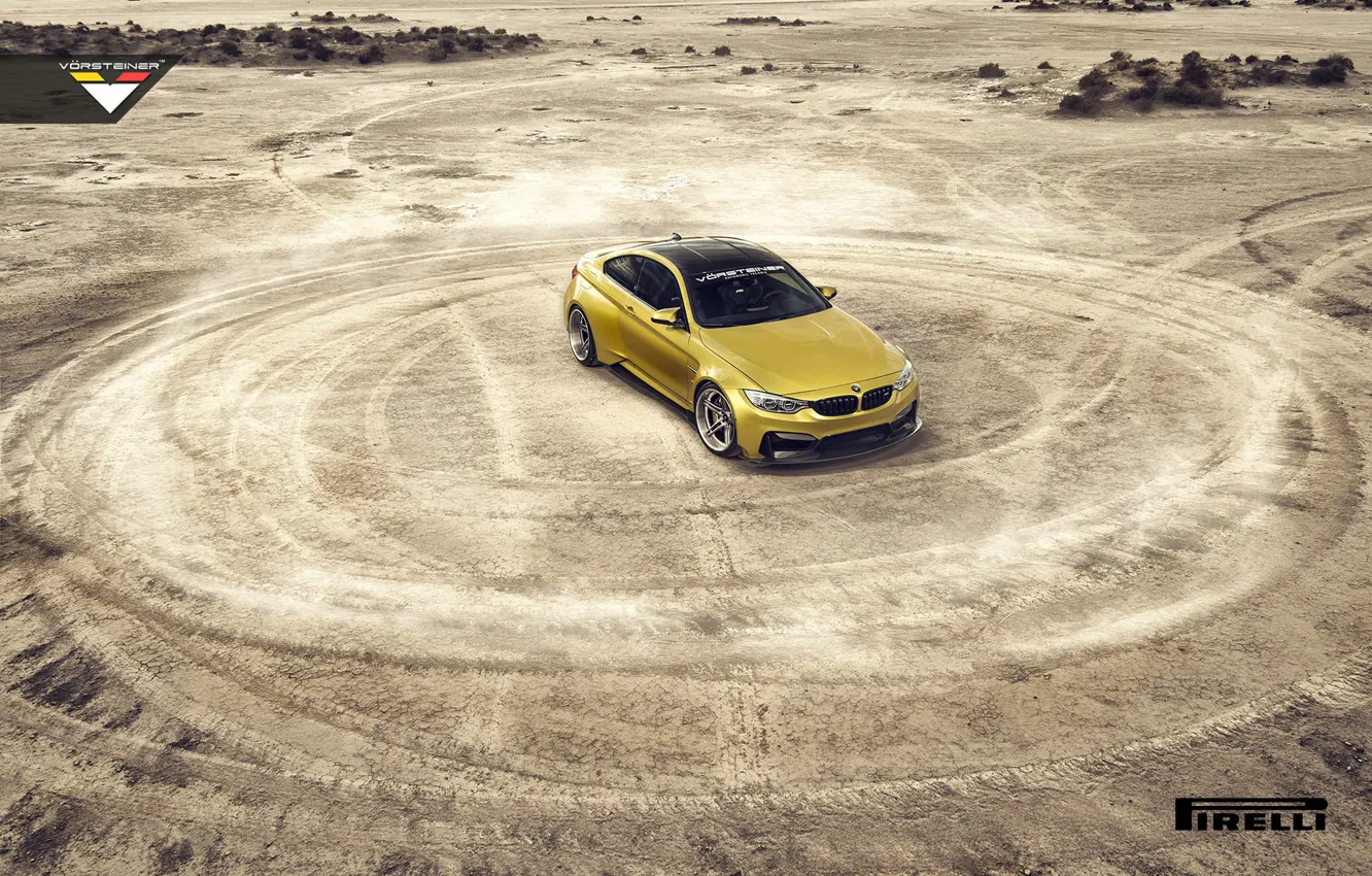 Photo wallpaper BMW, Car, Vorsteiner, Yellow, Pirelli, Wheels, Desert, 2015