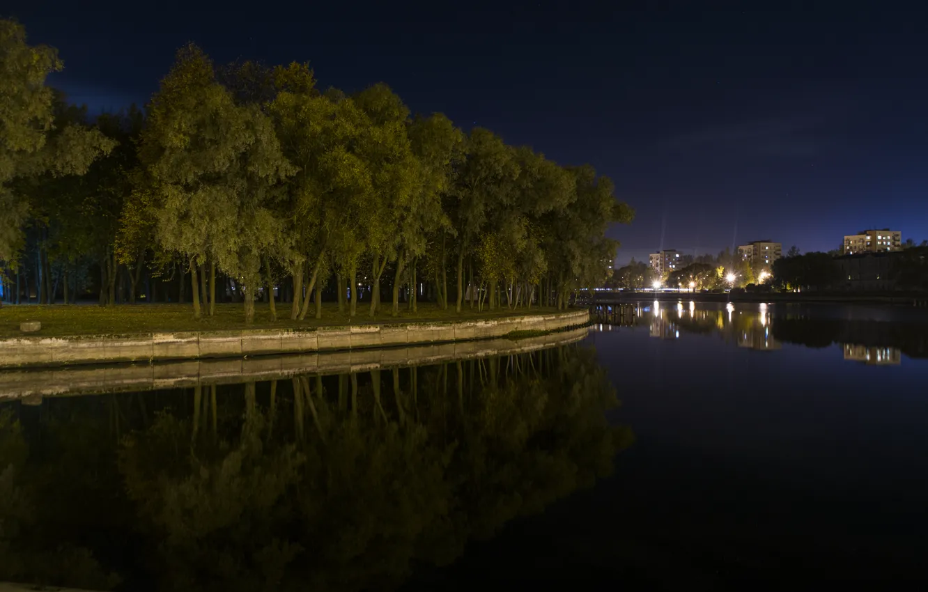 Photo wallpaper the sky, stars, trees, landscape, blue, green, surface, Park