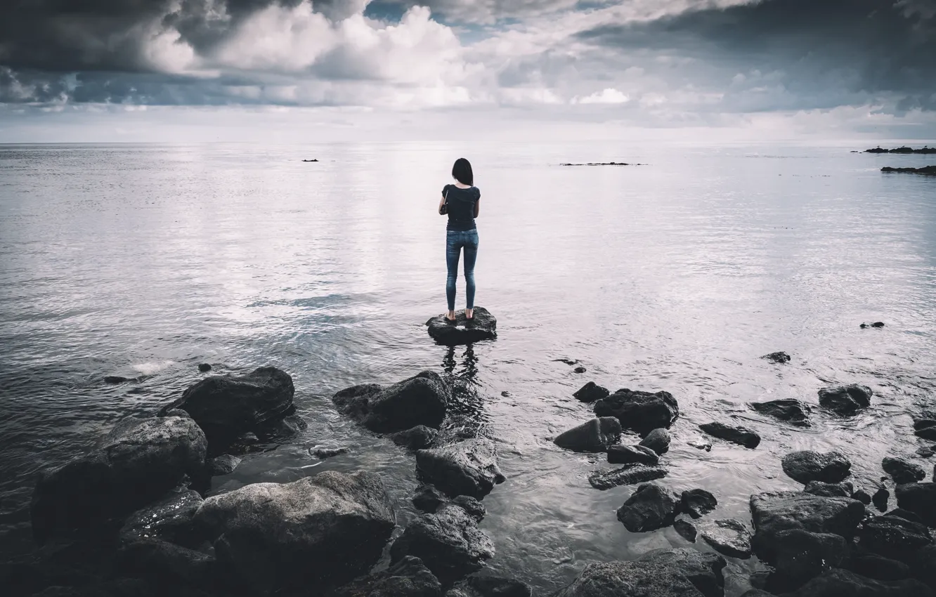 Photo wallpaper the sky, girl, clouds, lake, river, stones, overcast, back