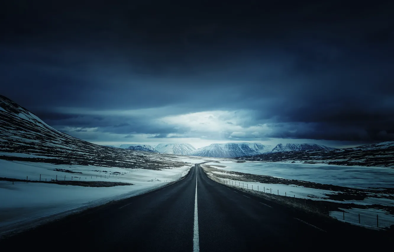 Photo wallpaper road, snow, mountains, nature, Iceland's Ring Road