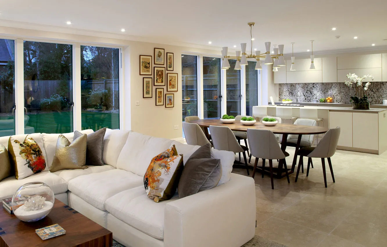 Photo wallpaper interior, Maple house, dining room, living room, kitchen