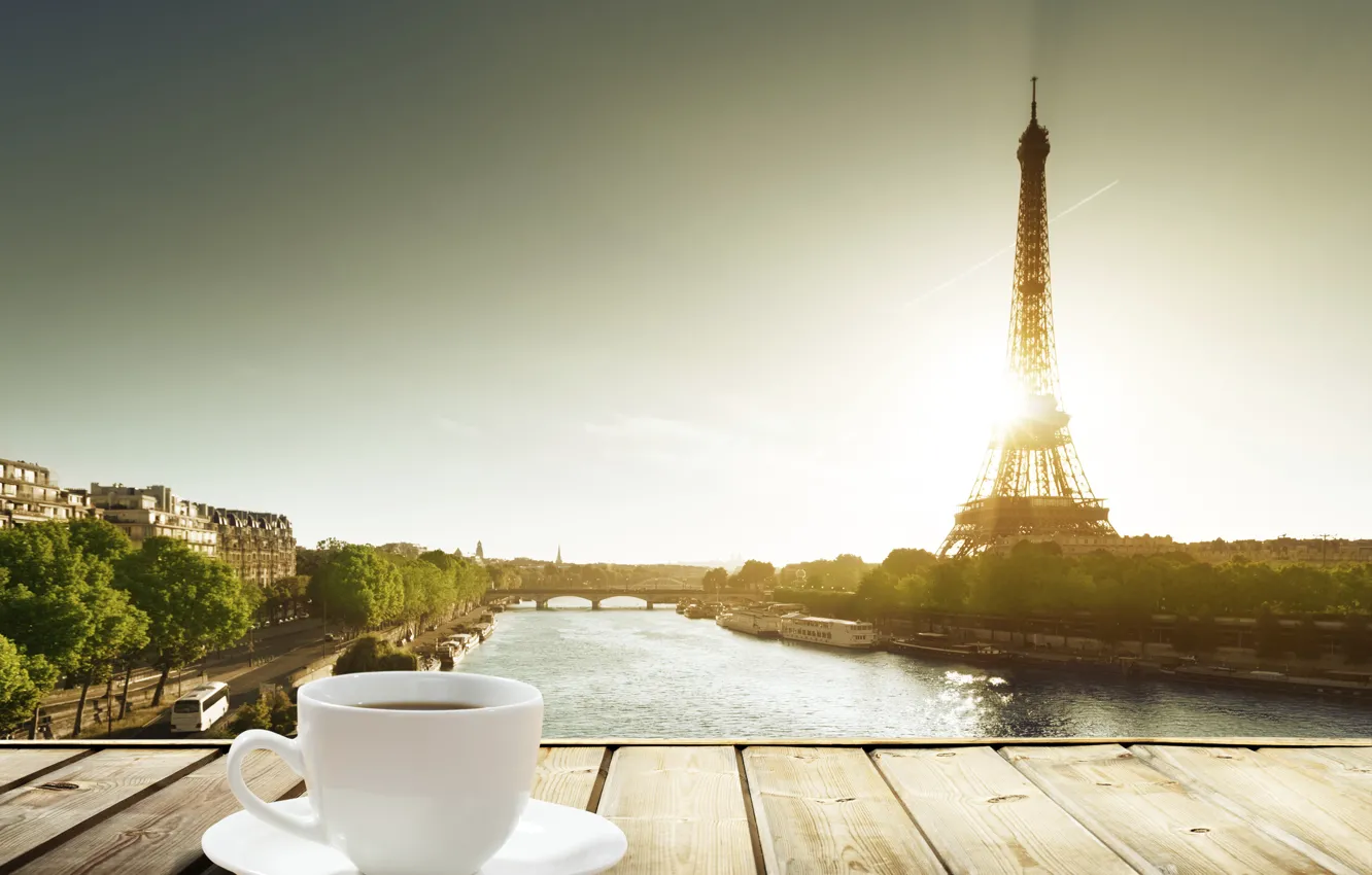 Photo wallpaper table, France, coffee, Cup, Eiffel tower, a Cup of coffee