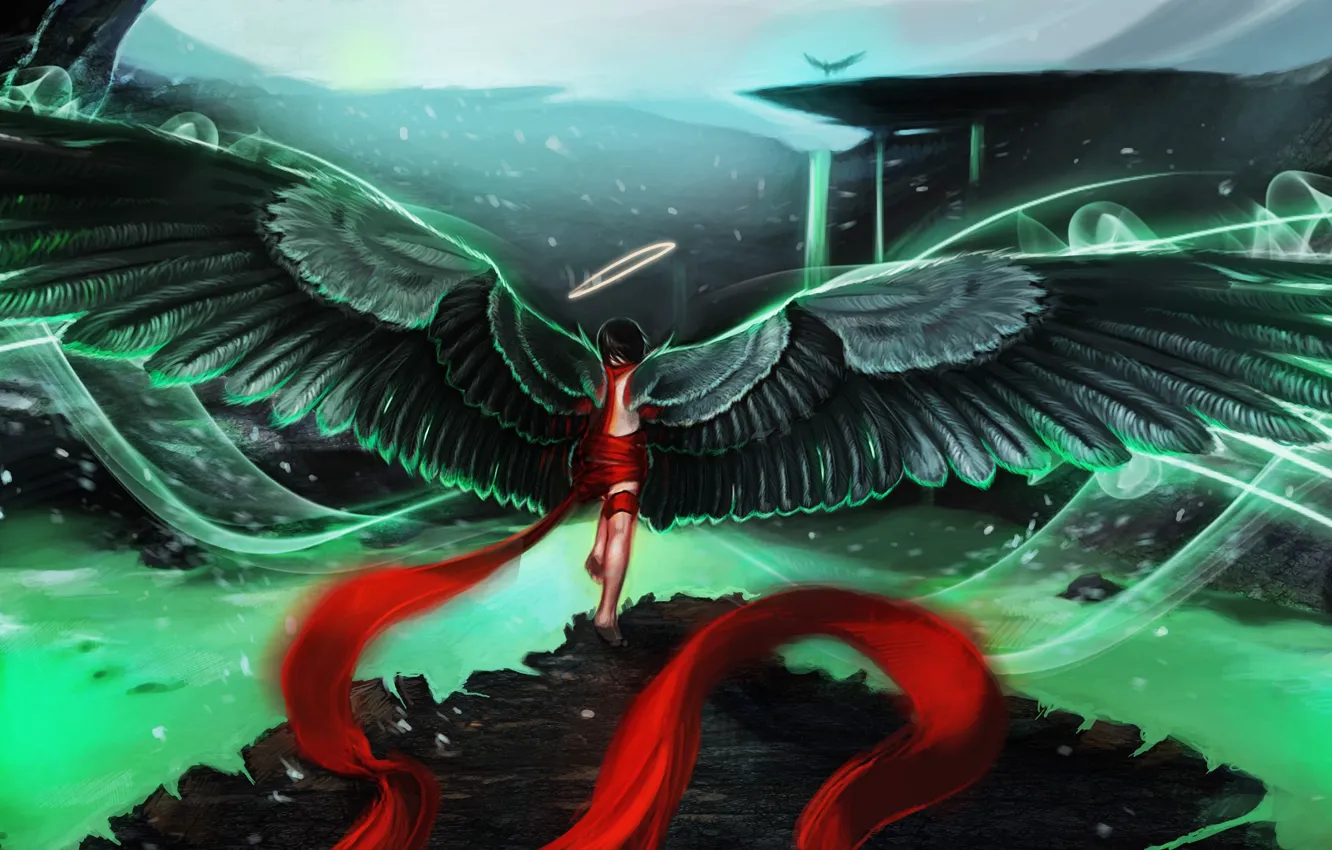 Photo wallpaper girl, mountains, wings, tape