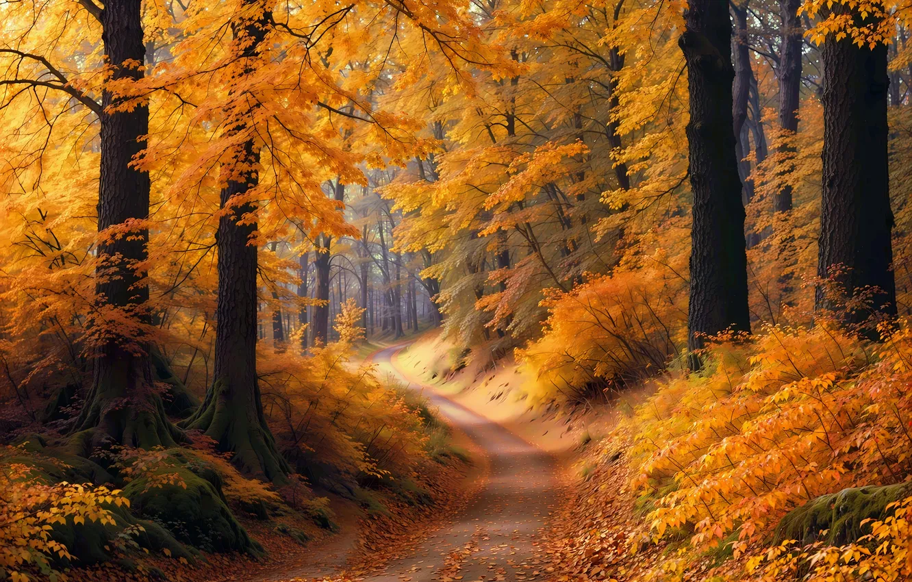 Photo wallpaper autumn, forest, path, AI art