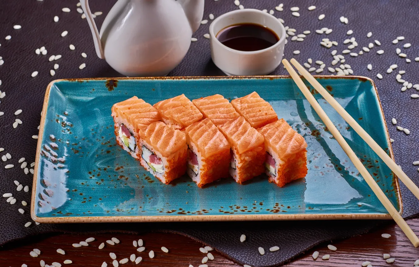 Photo wallpaper sauce, sesame, rolls, salmon