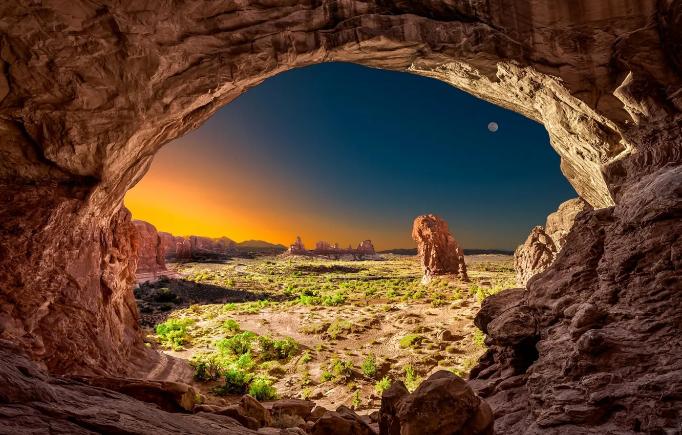 Photo wallpaper nature, rocks, the moon, arch, cave