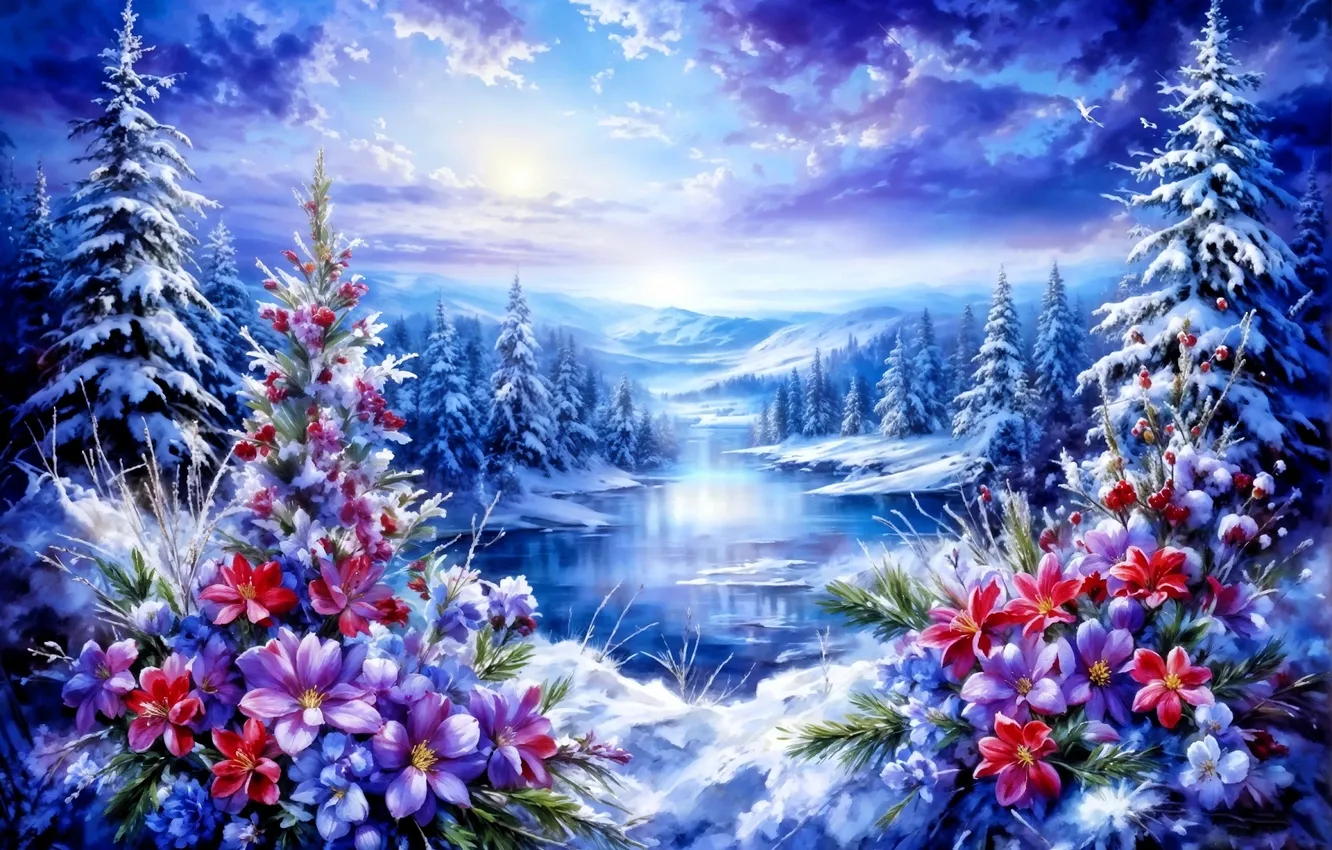 Photo wallpaper forest, clouds, snow, decoration, flowers, river, tree, new year
