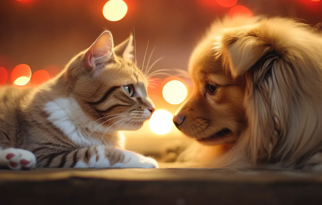 Photo wallpaper cat, cat, look, light, lights, each, new year, dog