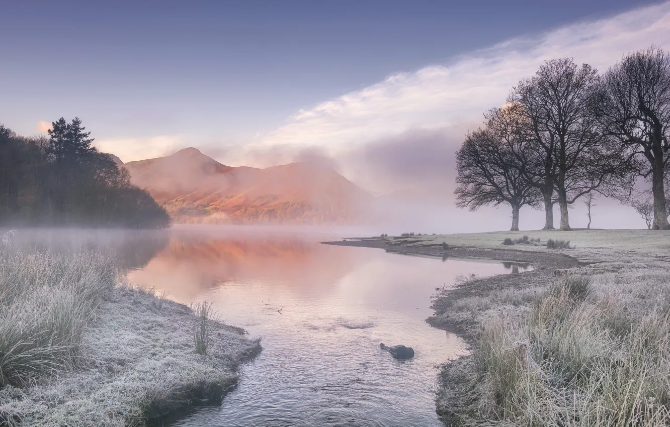 Photo wallpaper frost, mountains, fog, lake