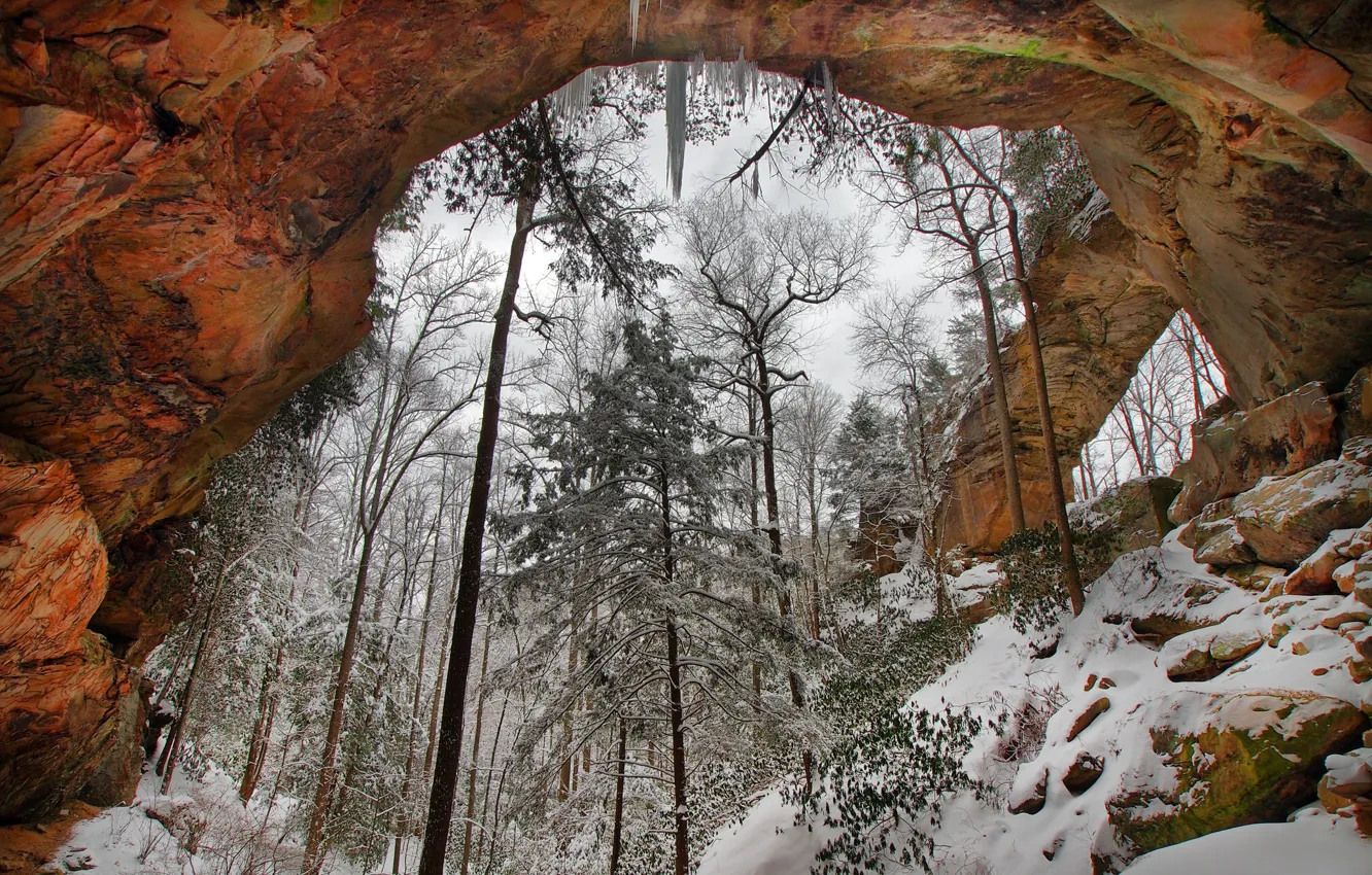 Photo wallpaper winter, snow, trees, rocks, arch, USA, Ohio, Vinton