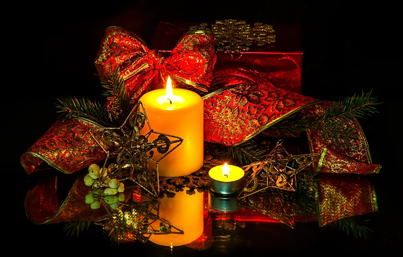 Photo wallpaper candles, lights, tape, twilight, bow, Christmas decorations