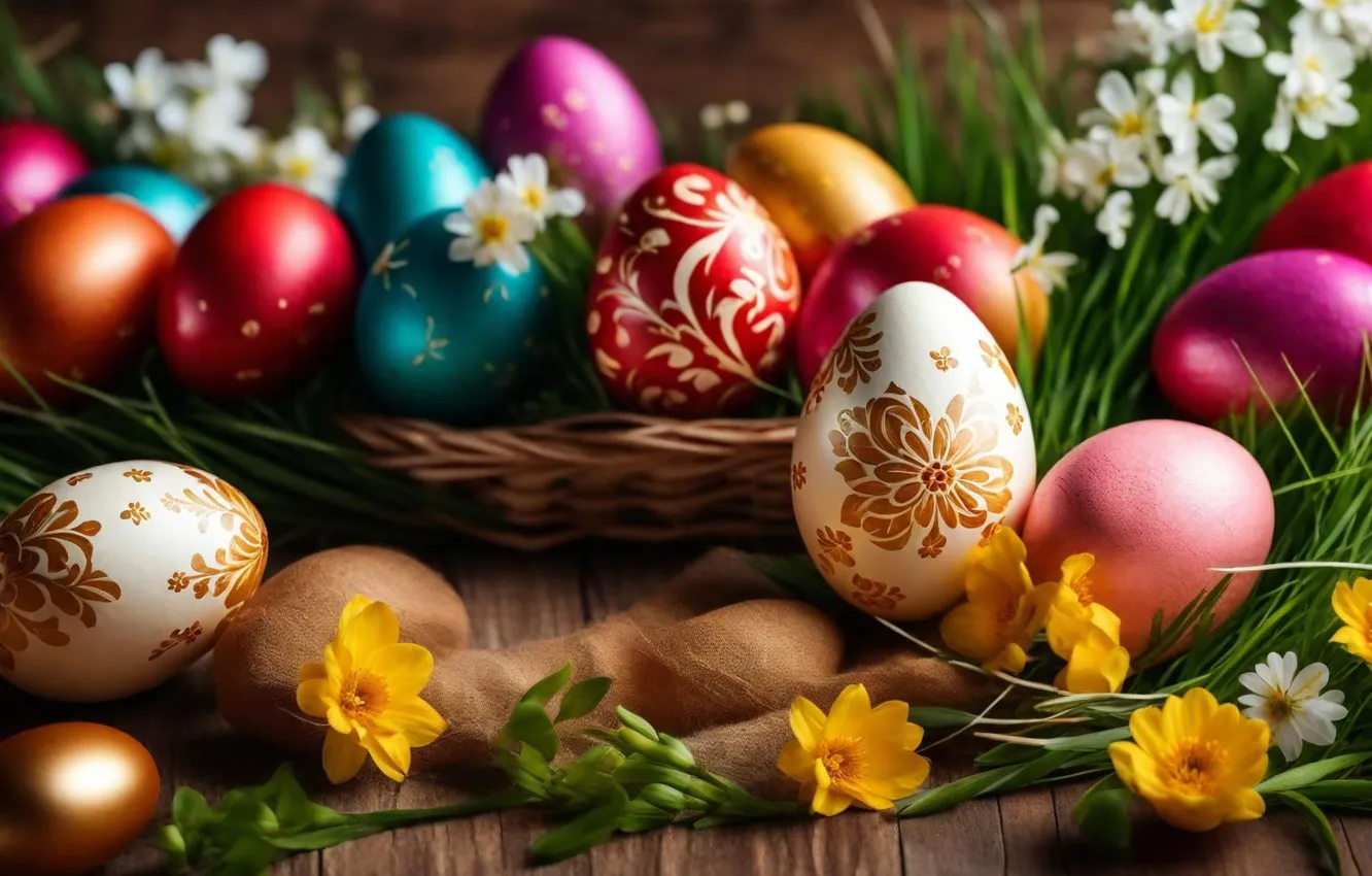 Photo wallpaper flowers, eggs, spring, colorful, Easter, flowers, spring, Easter