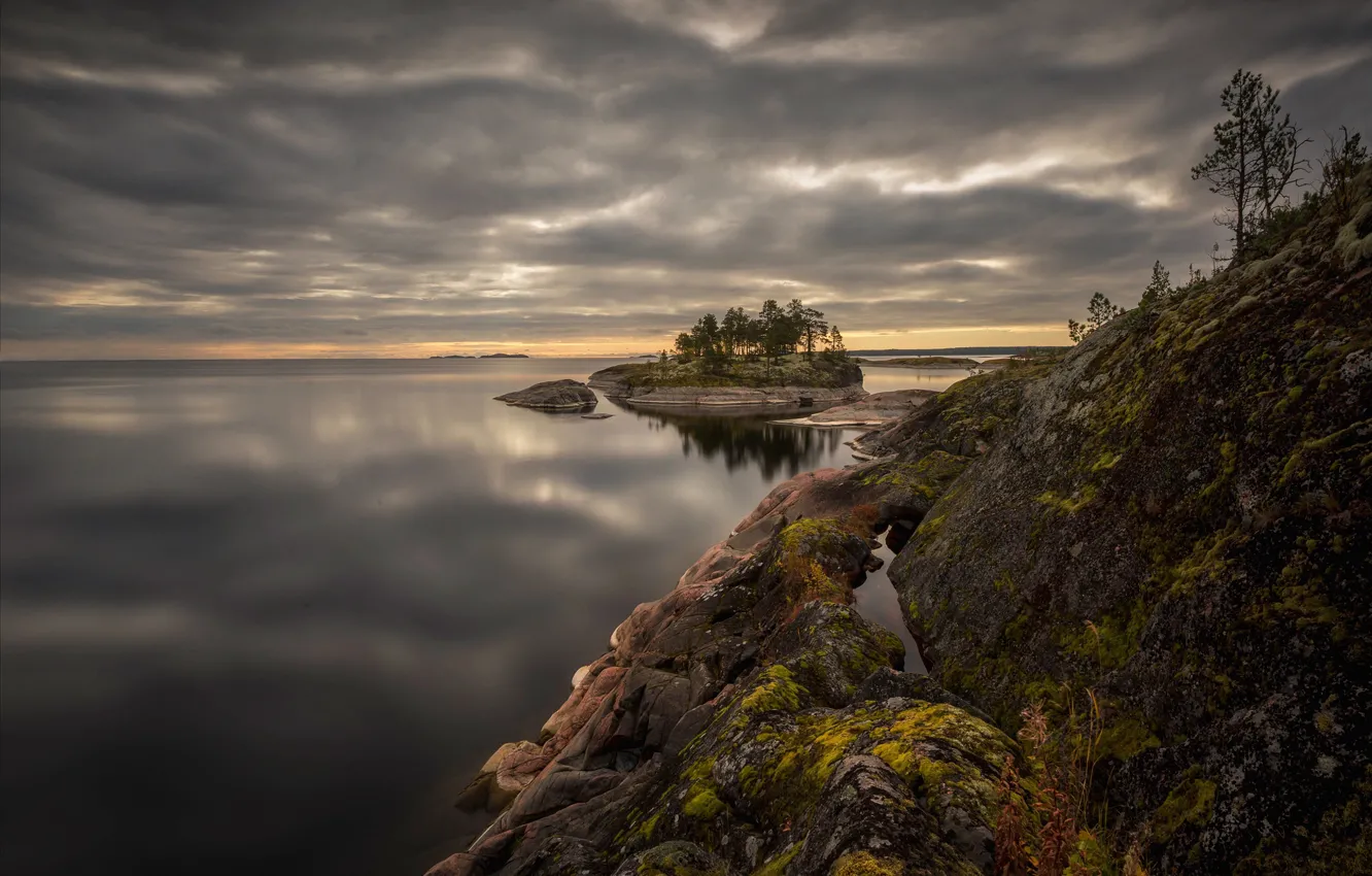 Photo wallpaper landscape, clouds, nature, lake, stones, Lake Ladoga, Karelia, Ladoga