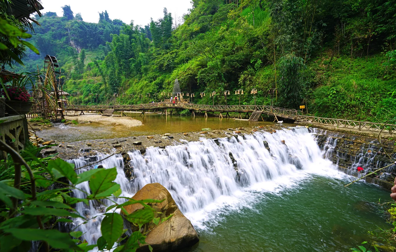 Photo wallpaper greens, forest, trees, mountains, stream, stones, waterfall, village