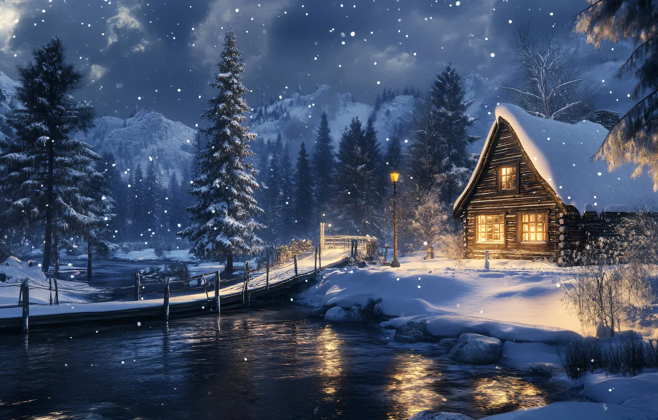 Photo wallpaper winter, frost, forest, the sky, clouds, light, snow, mountains