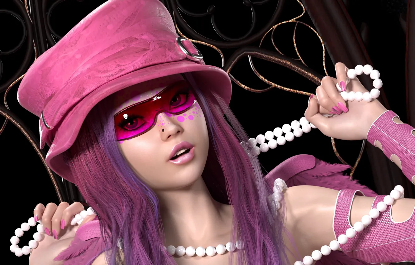Photo wallpaper girl, hat, makeup, manicure, pink hair, 3D graphics