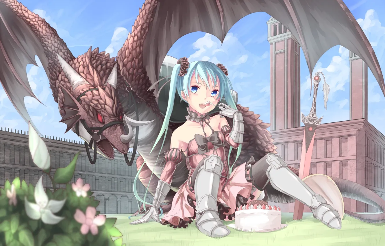 Photo wallpaper the sky, girl, clouds, flowers, castle, dragon, sword, art