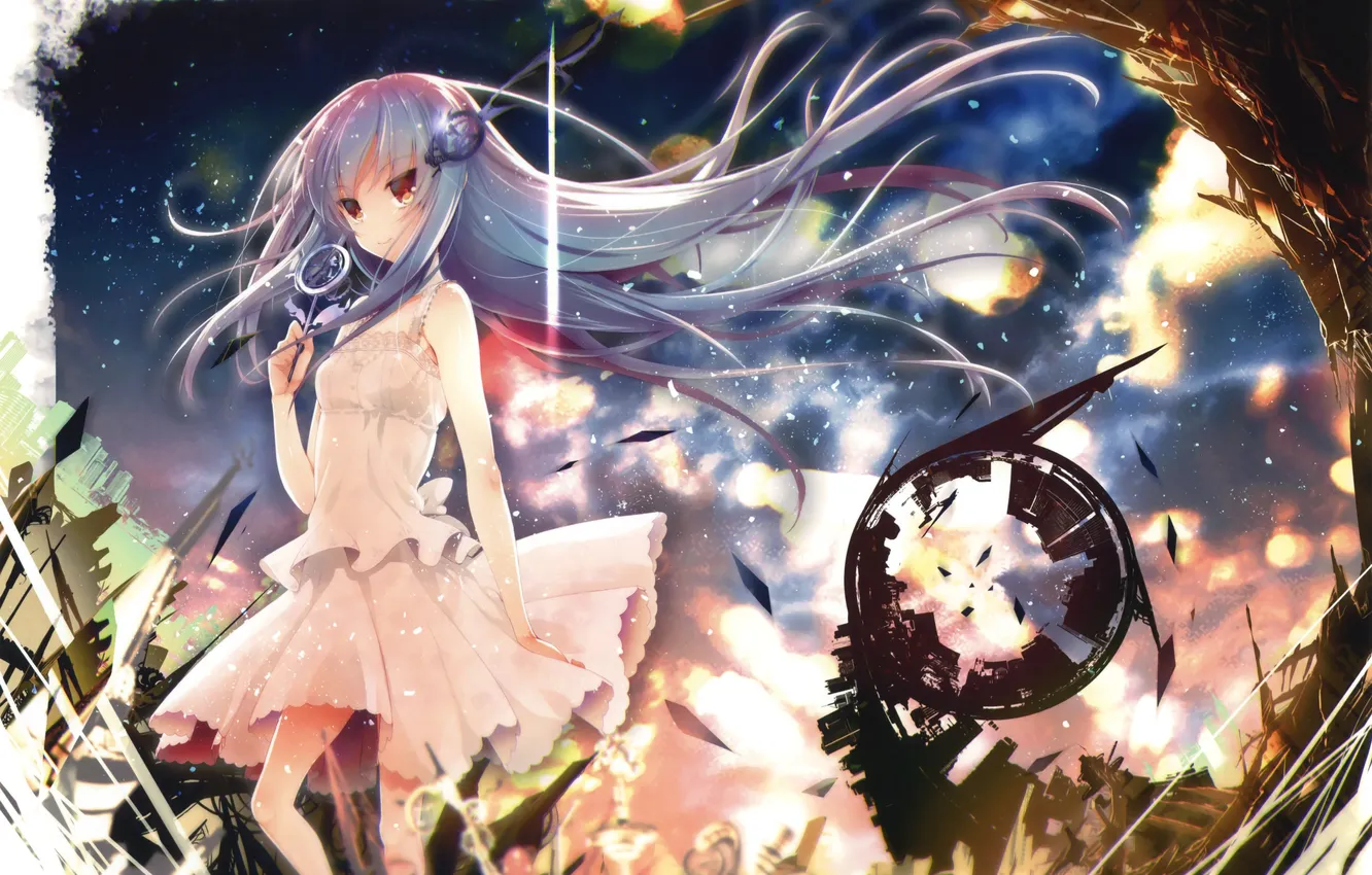 Photo wallpaper the sky, girl, stars, clouds, smile, anime, art, akahito