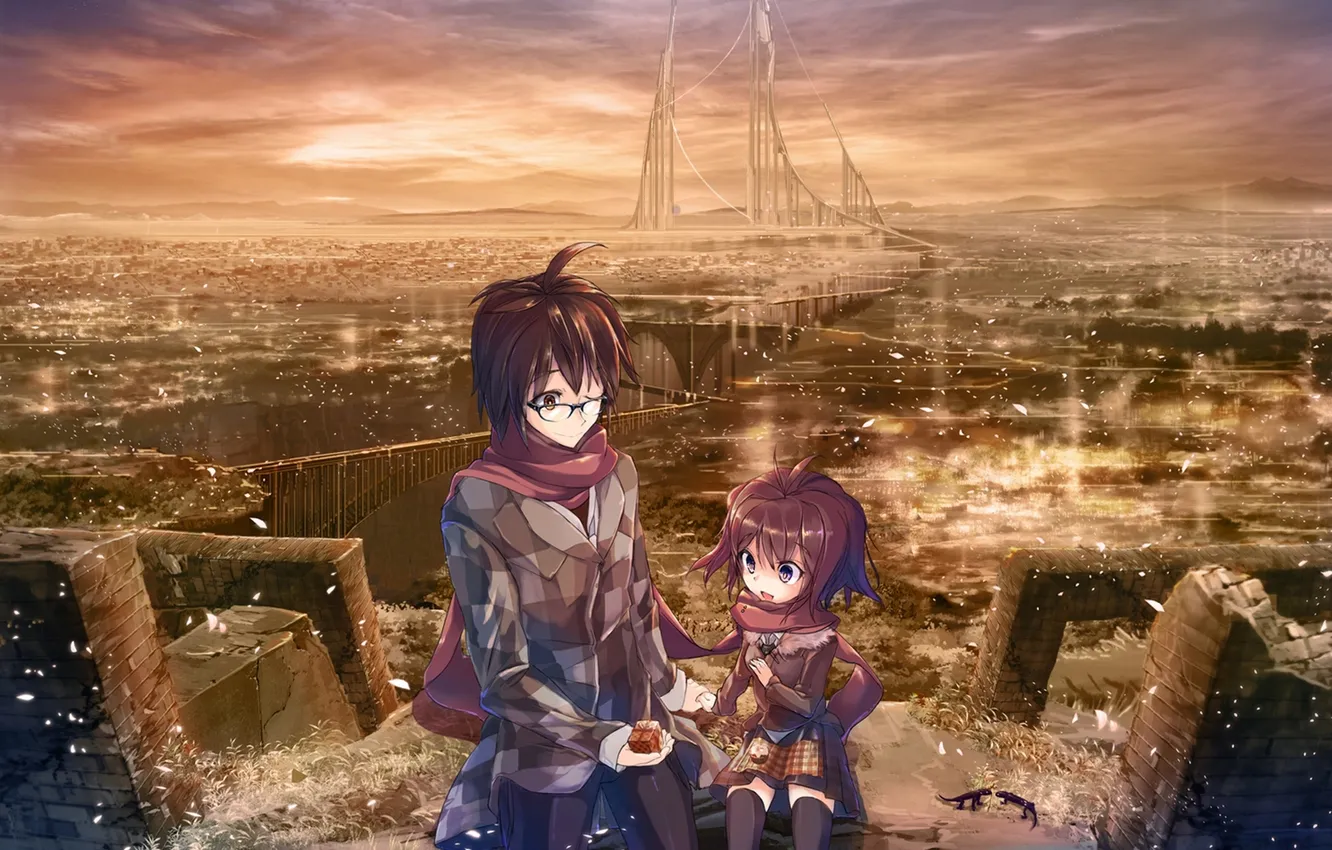 Photo wallpaper bridge, gift, anime, petals, Sakura, scarf, art, glasses