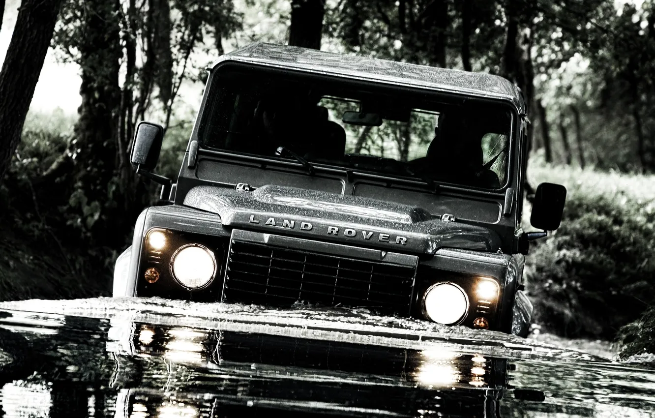 Photo wallpaper forest, water, lights, jeep, SUV, land rover, the front, defender