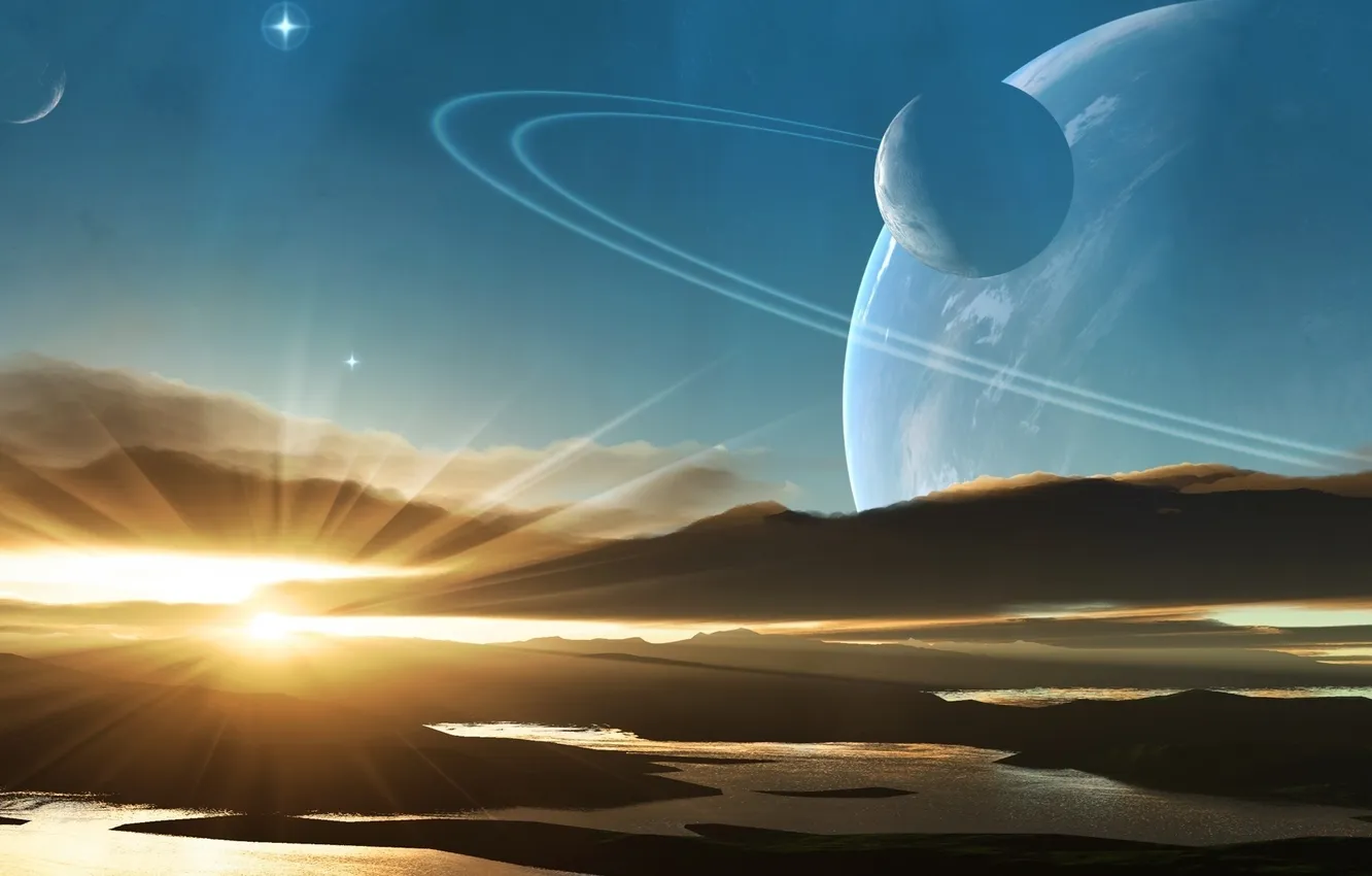 Photo wallpaper the sky, sunset, planet, sky, planets, alien world