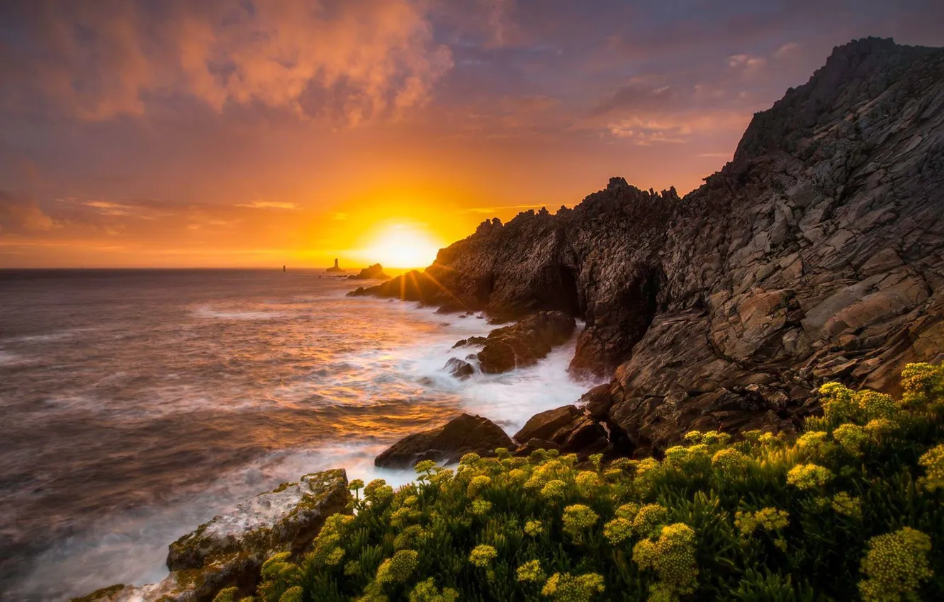Photo wallpaper sea, wave, sunrise, rocks