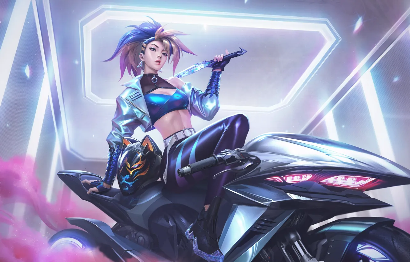 Photo wallpaper cleavage, long hair, smoke, weapon, motorcycle, Akali, League of Legends, pearls