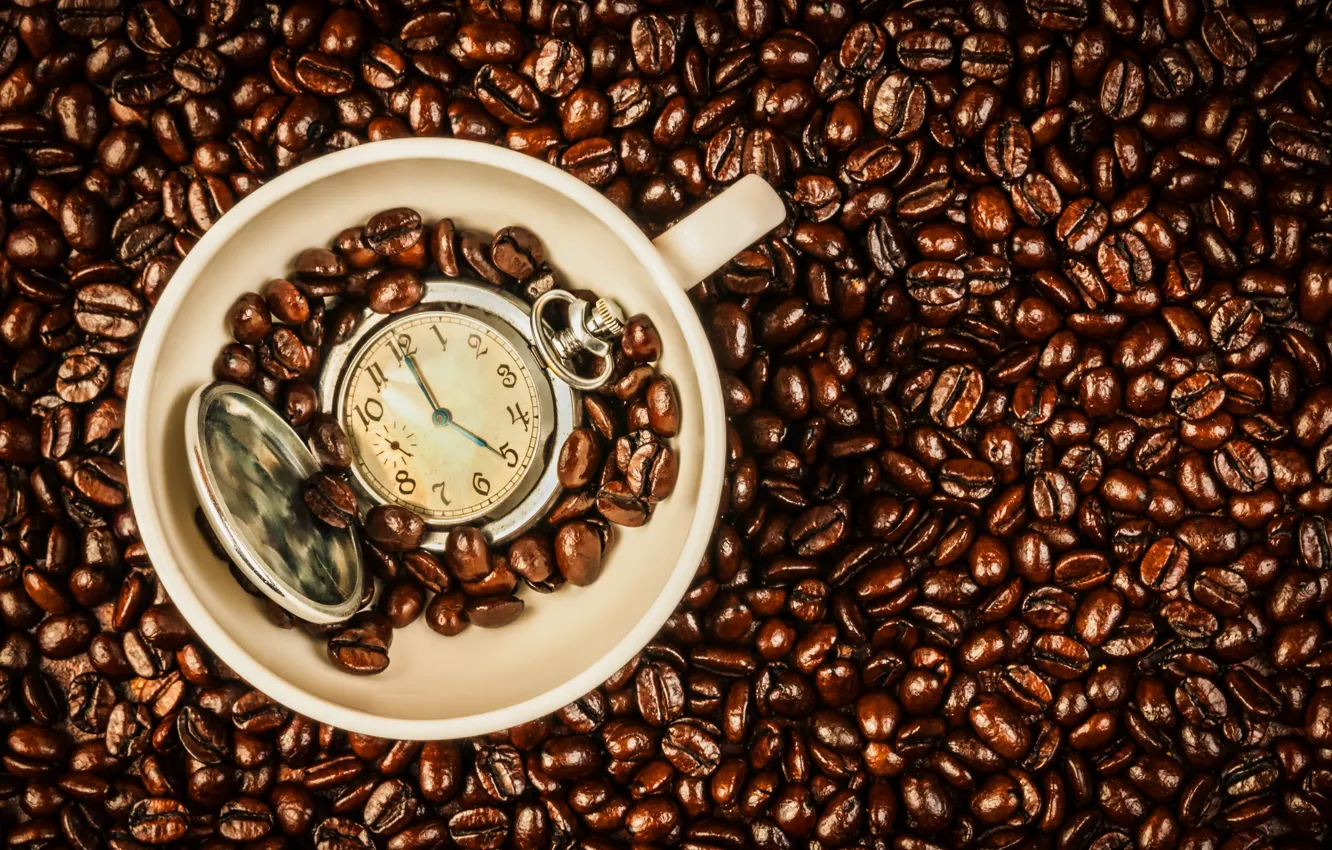 Photo wallpaper watch, coffee, grain, Cup, beans, coffee, time