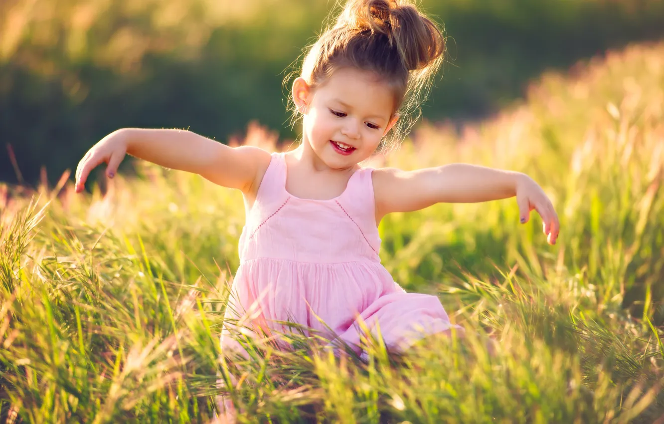Photo wallpaper field, summer, grass, joy, nature, children, dress, girl
