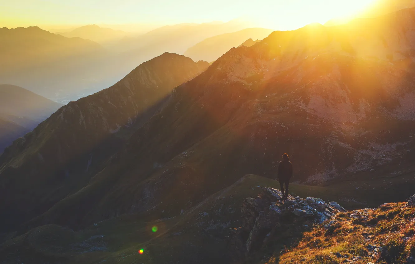 Photo wallpaper autumn, the sky, the sun, rays, light, mountains, fog, glare