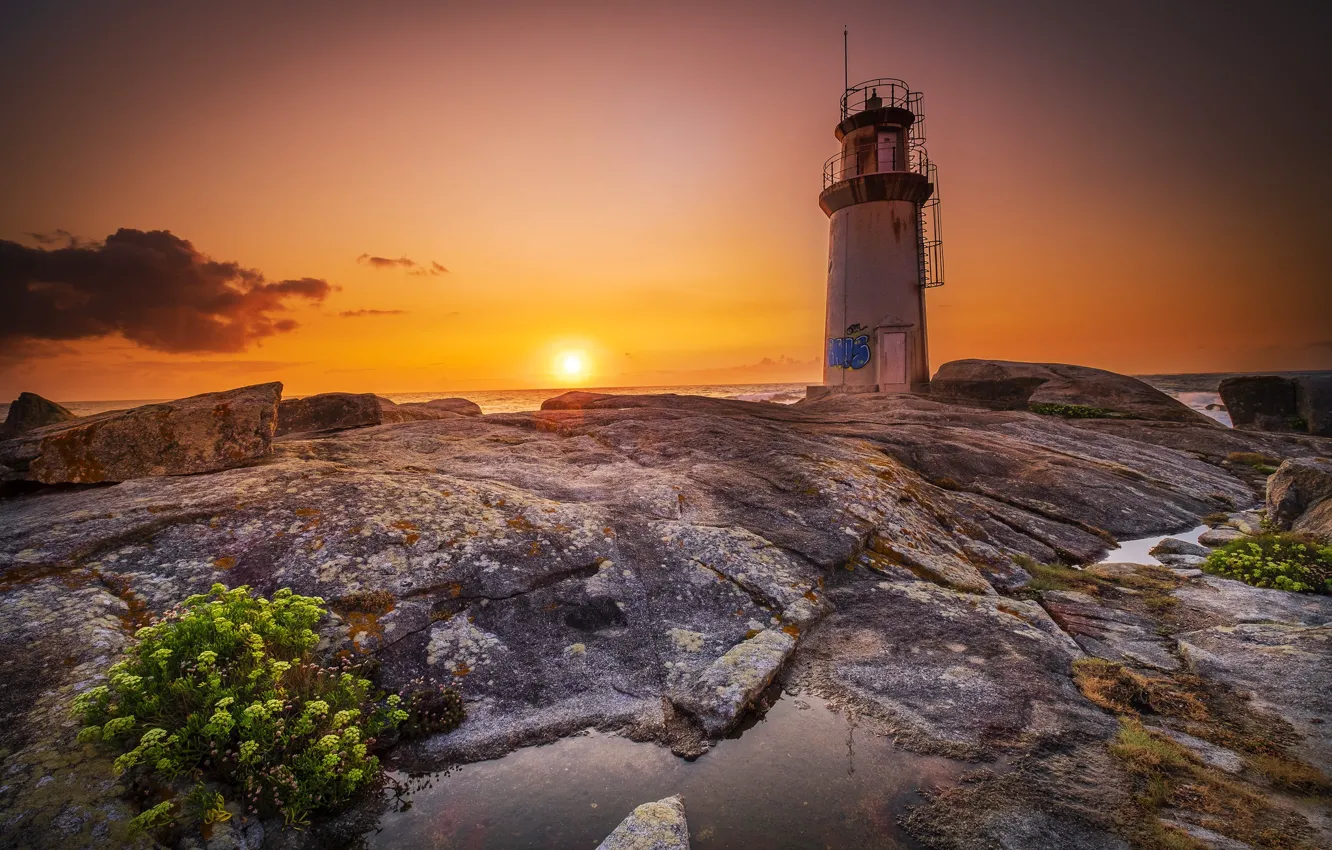 Photo wallpaper sunset, coast, lighthouse, Spain, Galicia, Muxia