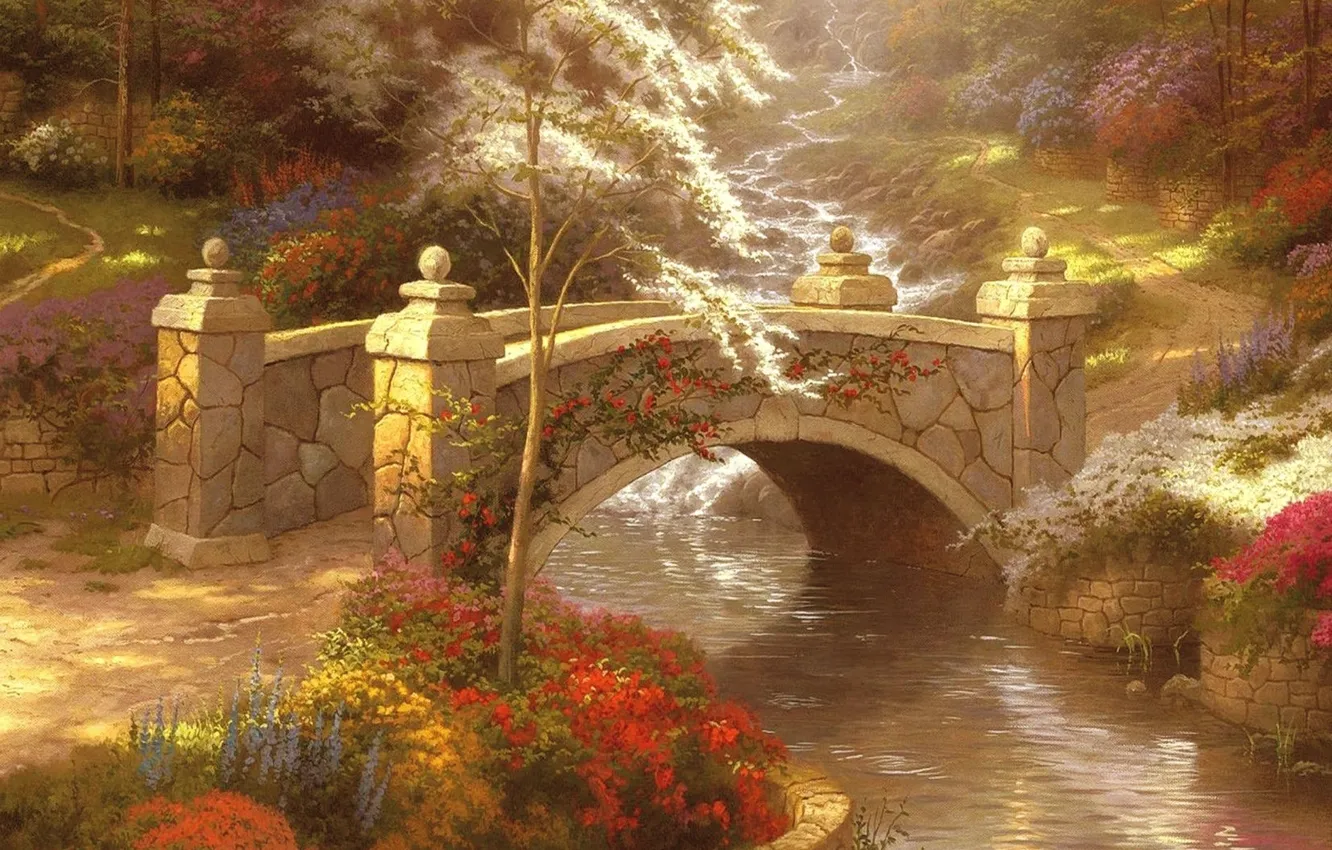 Photo wallpaper trees, river, stream, trail, Bridge