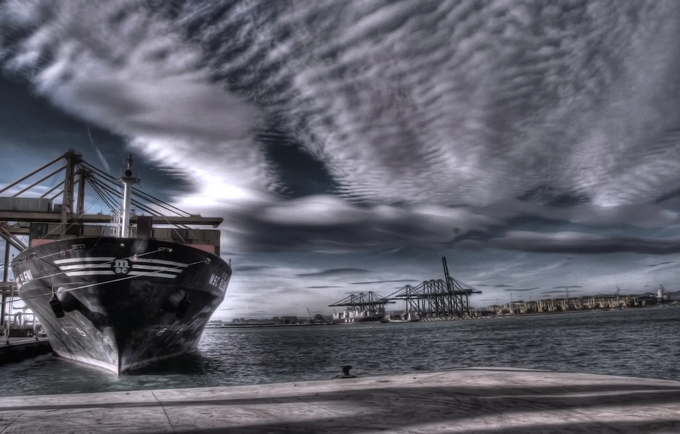 Photo wallpaper Water, Clouds, Sea, Port, Pier, The ship, A container ship, Tank