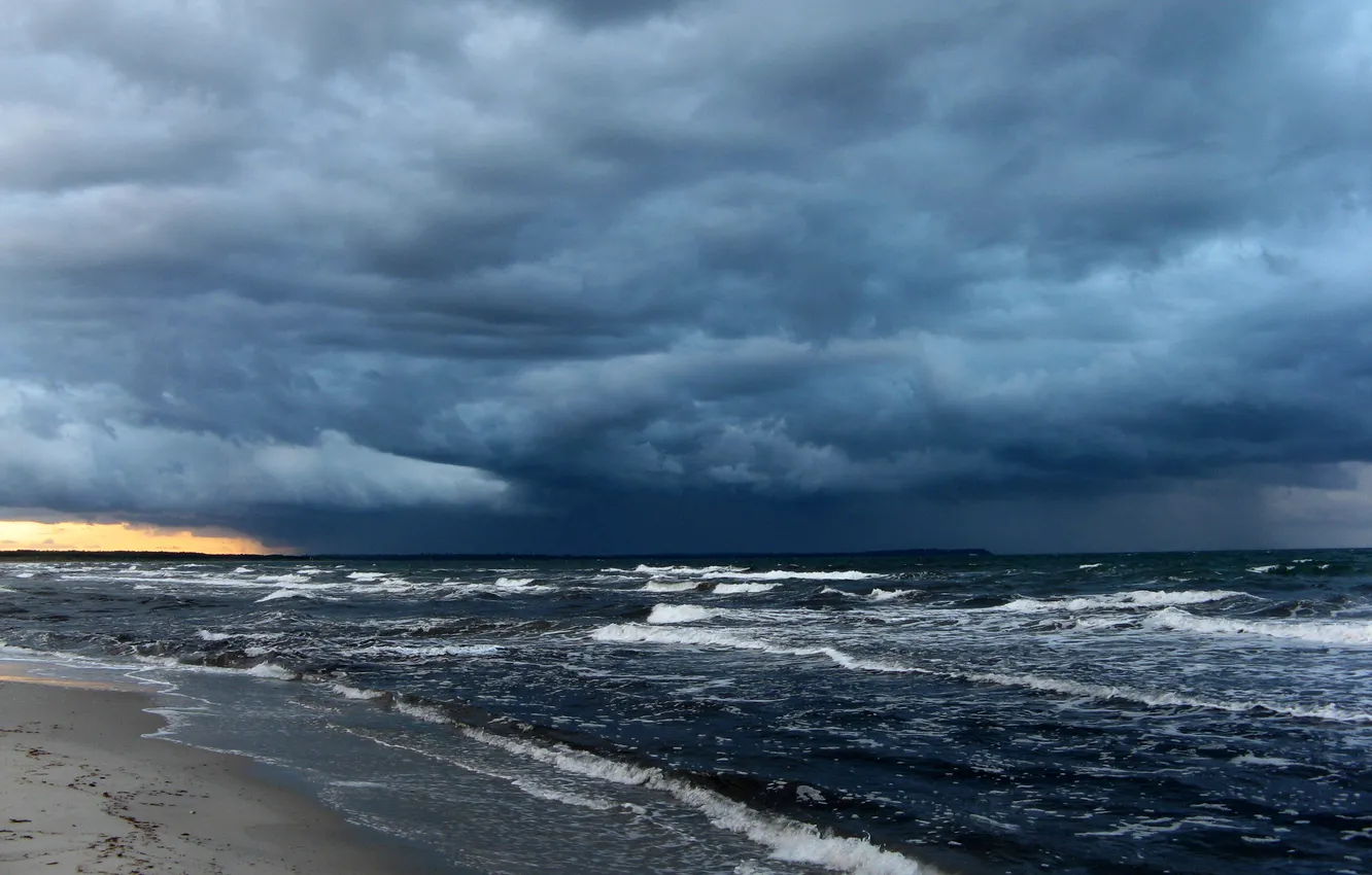Photo wallpaper sand, wave, beach, the sky, clouds, storm, the ocean, dawn