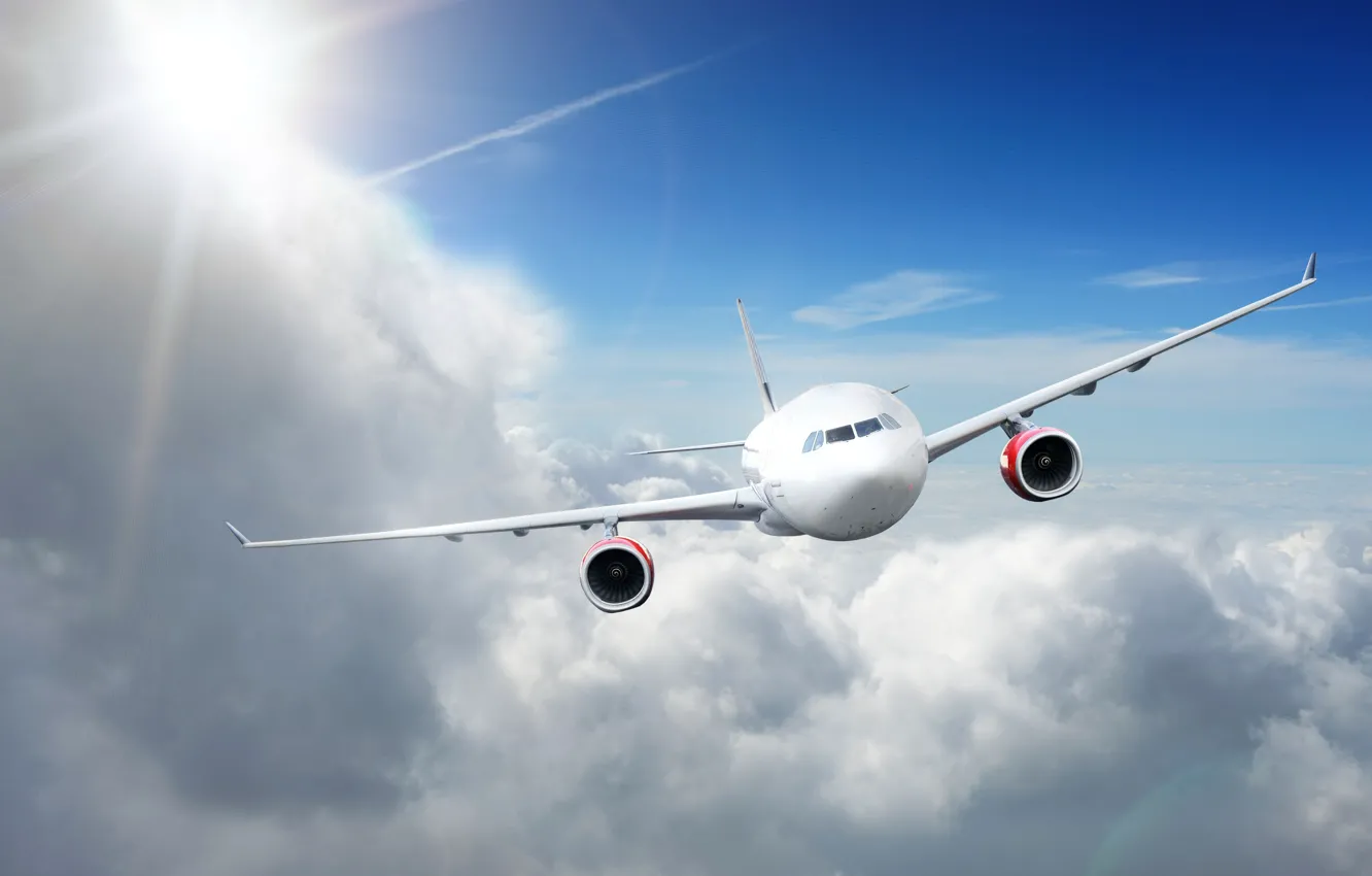 Photo wallpaper the sun, clouds, the plane, flies, in the sky, passenger, high