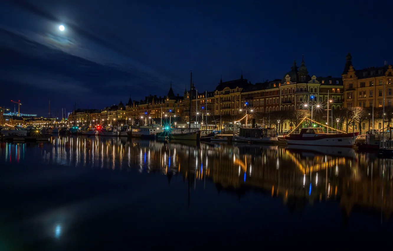Photo wallpaper the sky, night, lights, river, the moon, home, boats, lights