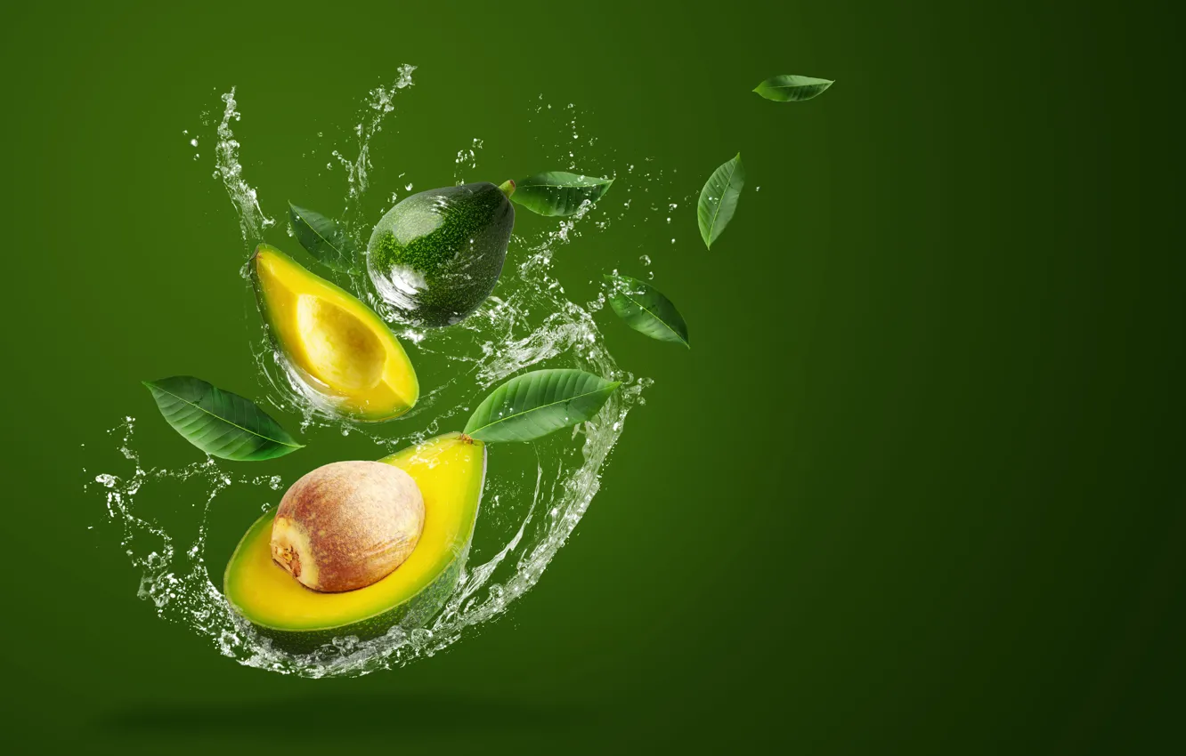 Photo wallpaper water, squirt, green, background, splash, avocado