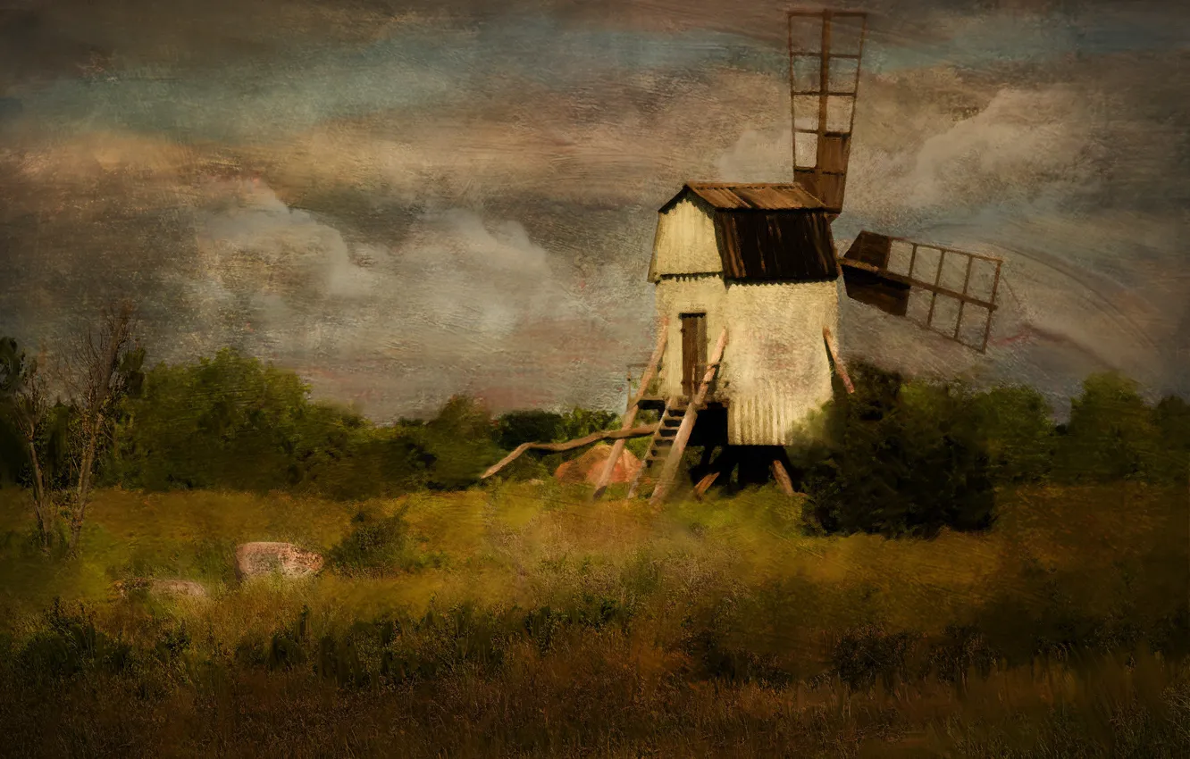 Photo wallpaper field, treatment, art, mill, painting, digital, windmill